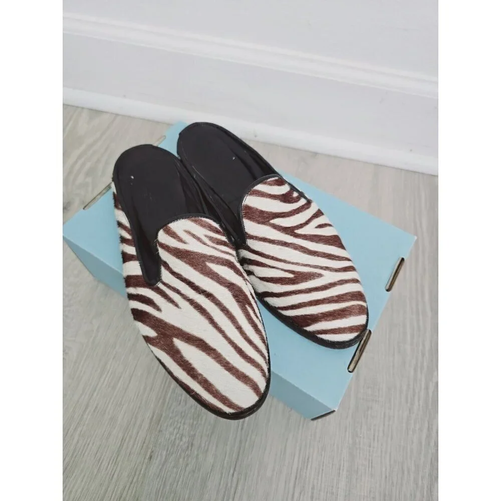 Greater LA Western Boho Calf Hair Zebra Animal Print Slip On Mules Shoes 7.5